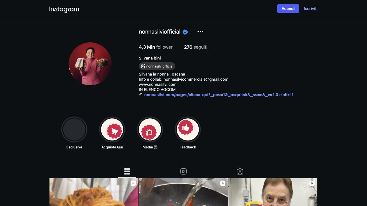 Screenshot del profilo Instagram pubblico @nonnasilviofficial con 4,3 milioni di follower, acquisito il 24 agosto 2026